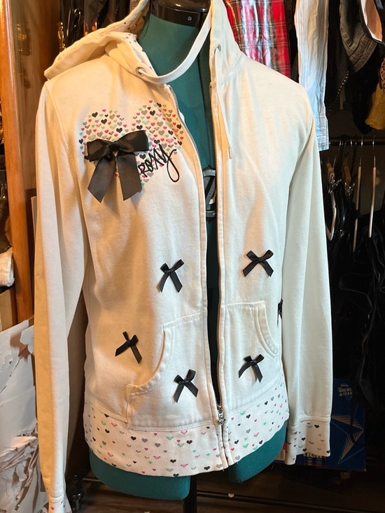 Roxy Jackets & Blazers - Roxy Cream Zip-Up Hoodie with Black Bows and Multicolor Hearts